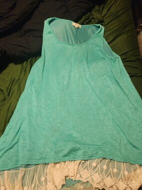 Umgee Teal Scoop Neck Tank with Lace Hem